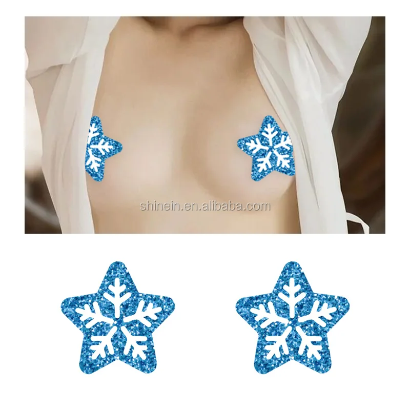 

Shinein New Star Shape Snowflake Print Adhesive Nipple Cover Sexy Breast Sticker for Lady Party Decoration, As per picture