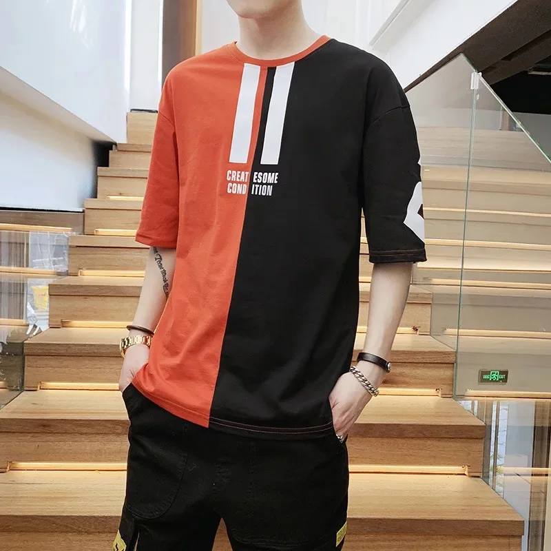 

New Custom Solid Color Patchwork T-shirt Men Hip Hop Streetwear T shirt