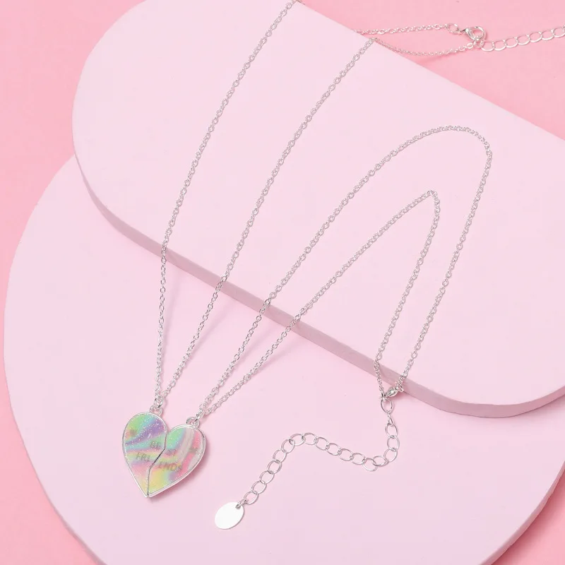 

Custom Silver Kids Girls Best Friend For 2 Jewelry Sets Rainbow Glitter Enamel Magnet Heart Pendent Necklaces, Multi