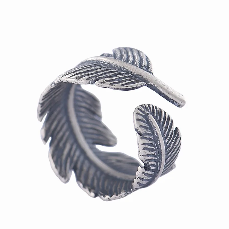 

S925 Sterling Silver Feather Ring For Men and Women Simple Fashion Leaf Opening Adjustable Size Ring Jewelry