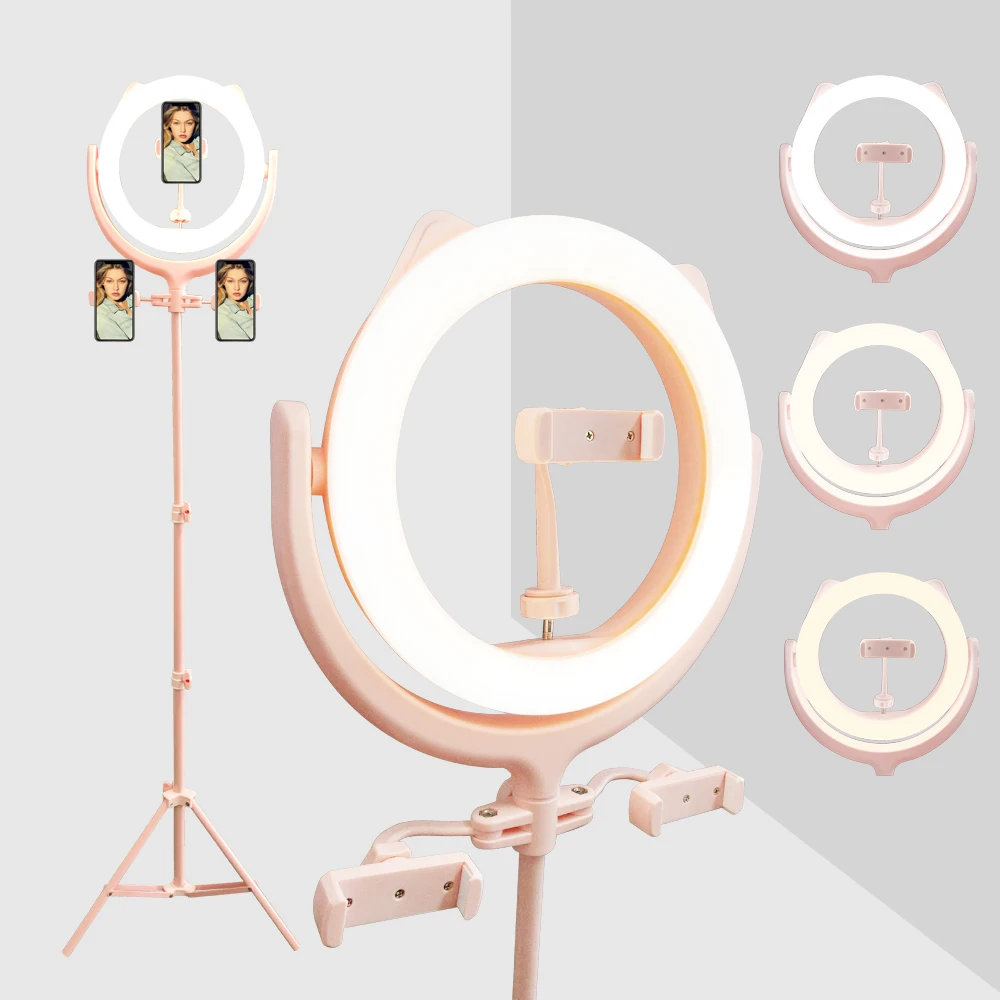 

Cutie Pink White Black Cat Ear Selfie 10 inch LED Ring Light with 1.6M Tripod Stand and 3 Cell Phone Holders