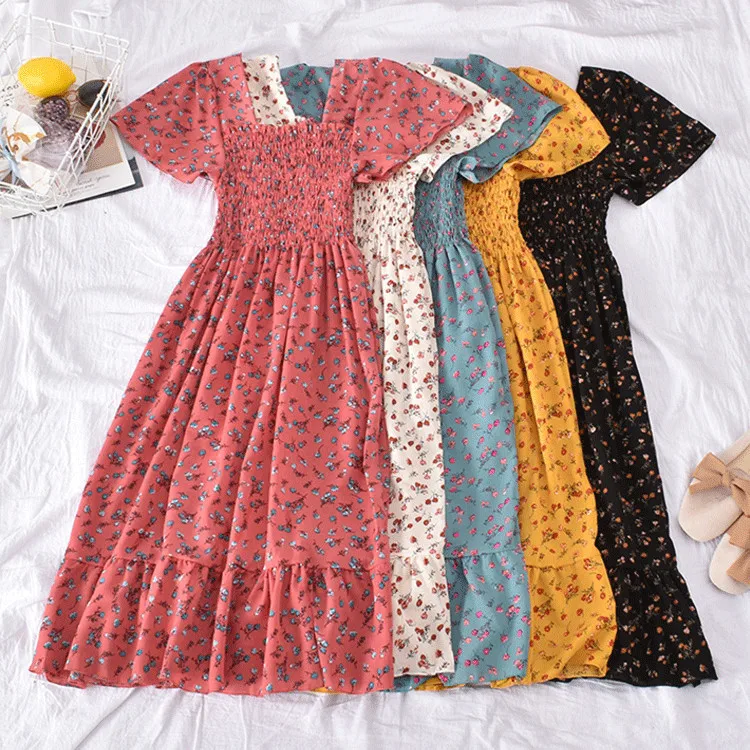 

Latest Korean Design Floral Print Elastic Vintage Square Neck Short Sleeve Long Elegant Dress Women Summer Dresses Clothing
