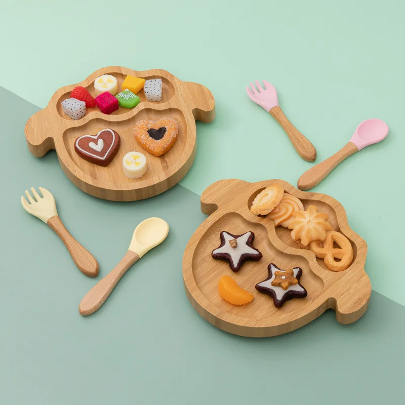 

Best Quality Sheep Design Wooden Plate With Bamboo Baby Suction Plates Baby Mini Cultery Set For Toddlers