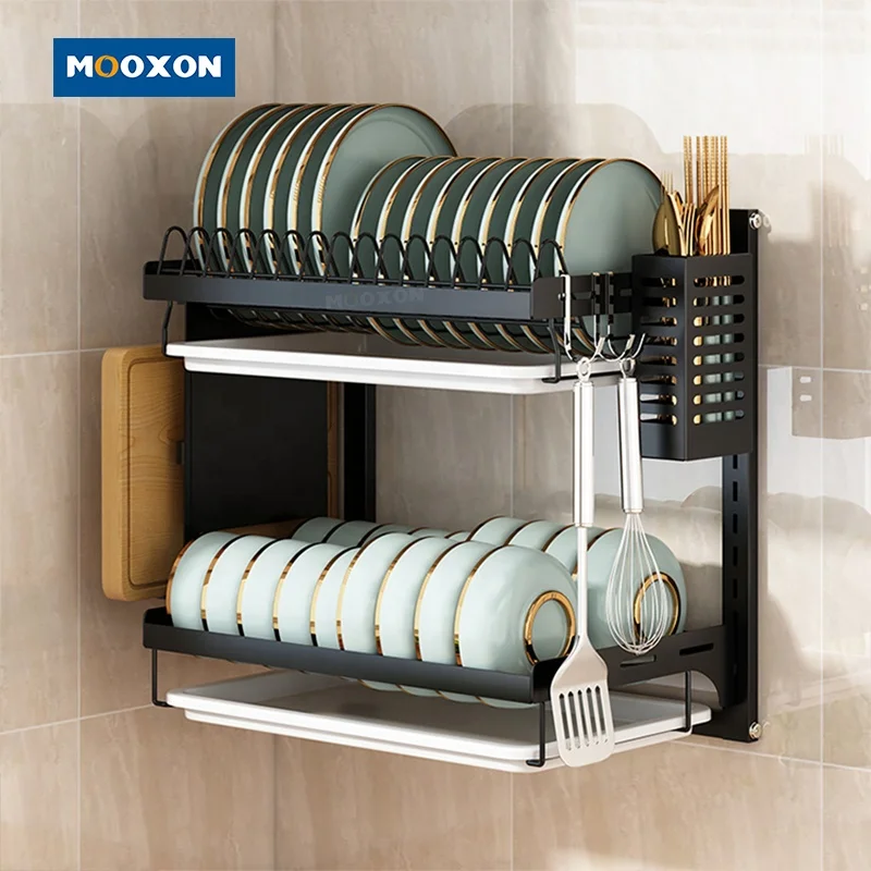 

Wall Mount 2 Tier Plate Organizer Countertop Storage Stand Stainless Steel Bowl Drainer Dish Drying Rack With Cutlery Holder