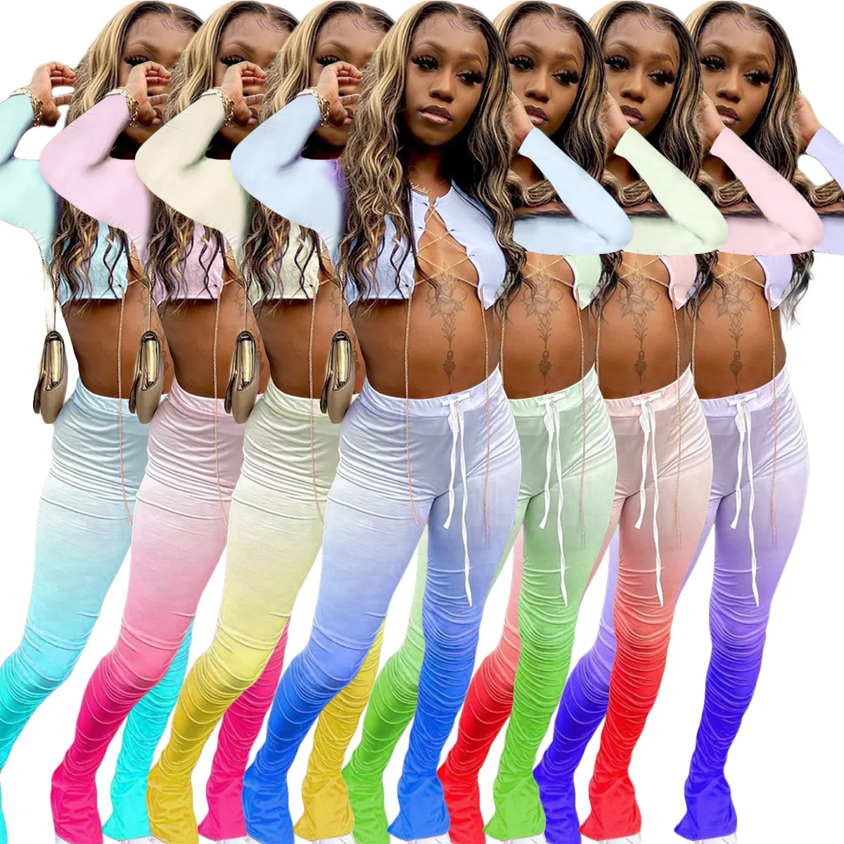 

Free shipping Women Spring Clothes Patchwork Bandage Fashion Sweatsuit Two Piece Set Women Clothing, Color avaliable