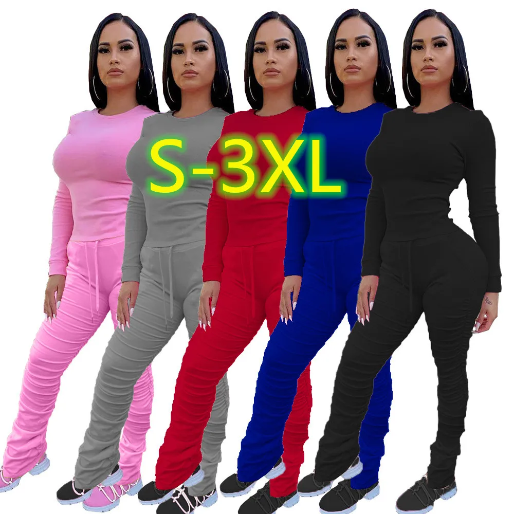 

YINSHI Solid Two Piece Set Tracksuit Long Sleeve Crop Tops Stacked Hem Pants Street Wear Outfits for Women Fall Clothes