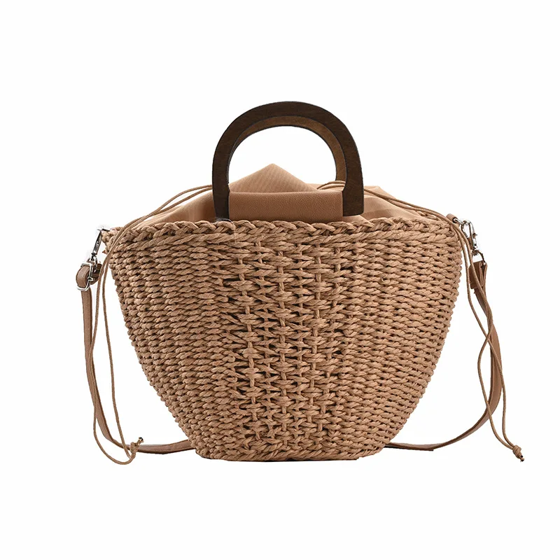 

Fashion Summer Big Capacity Beach Straw Hand bag with Wood Handle, Natural
