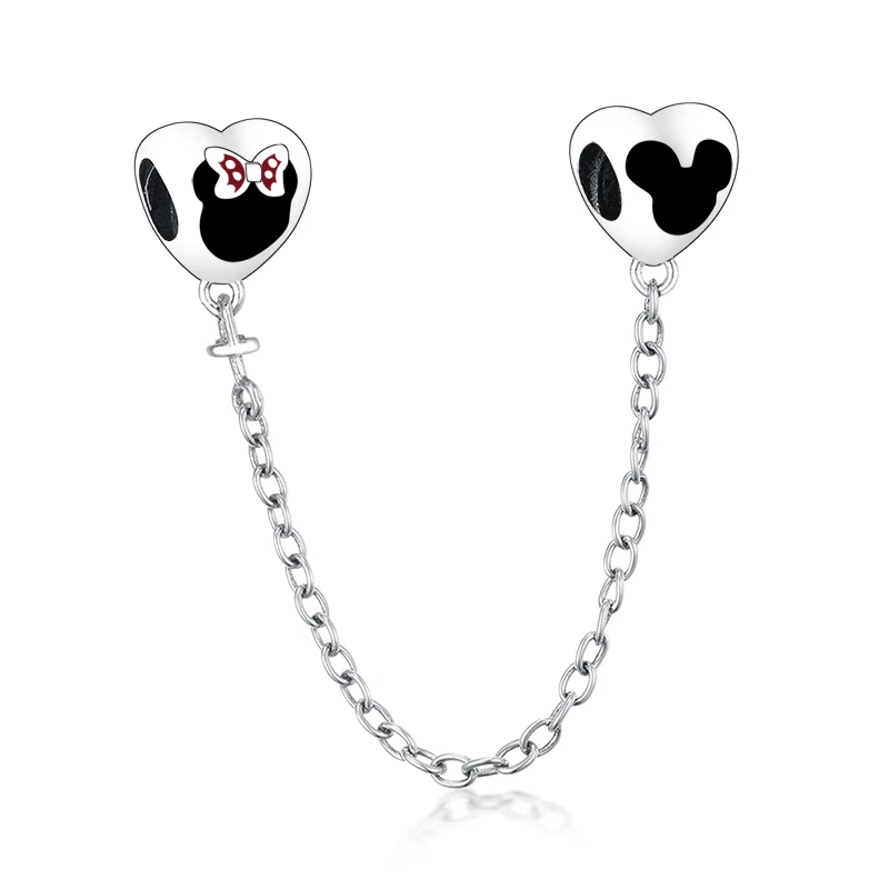 

Hot Sale 925 Sterling Silver Black Enamel Mickey Minnie Asymmetry Safety Chain Charms Fit Pandora Bracelet Jewelry