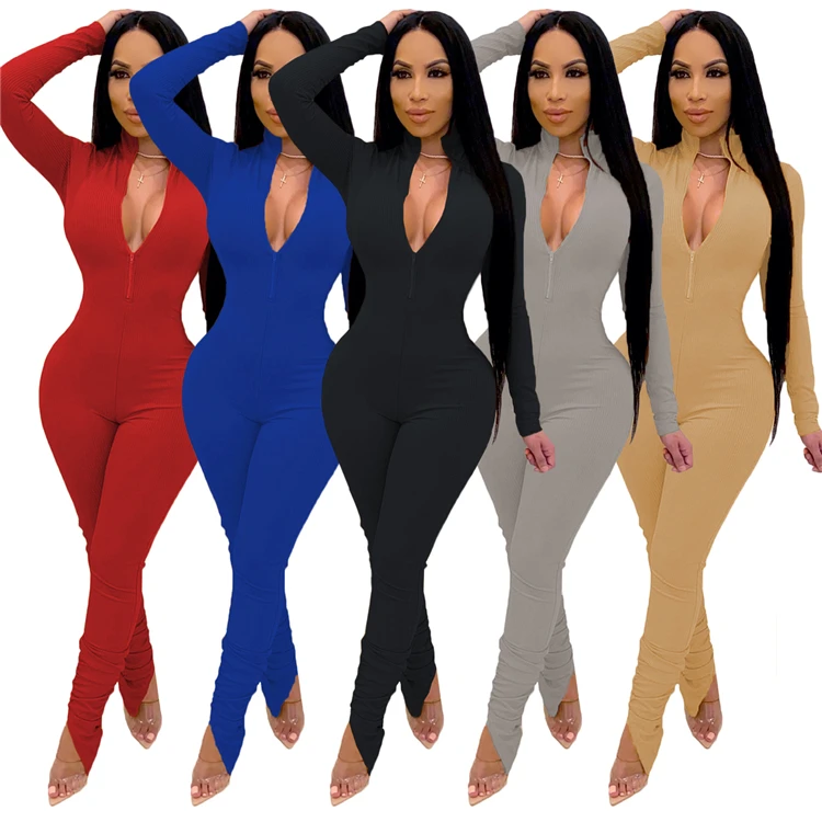 

EB-2021010620 Fashion Sexy Ladies Rompers Ribbed Fitness Yoga Stacked Zipper Spring Women One Piece Bodycon Jumpsuits