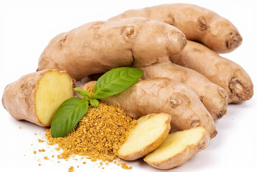Side-by-side comparison of fresh ginger root, dried ginger pieces, and Halliwell ginger spice powder