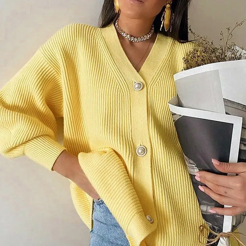 

Casual v-neck knitted kimono cardigan women Autumn winter lantern sleeve button female cardigan Streetwear sweaters