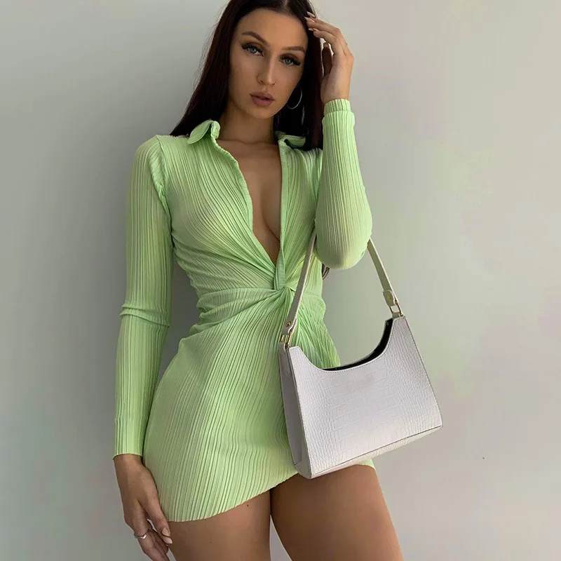 

Ecowalson Green Deep V Neck Shirts Dresses Women Elegant Polo Collar Long Sleeve Workwear Knot Ruched Sexy Stylish Clothes