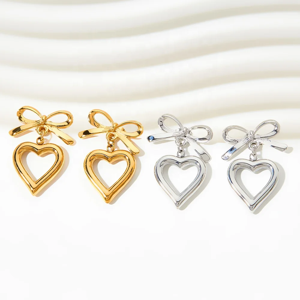 

2024 Wholesale Jewelry Bow Knot Earrings Stainless Steel Gold Plated Jewelry Heart Bow Stud Earrings For Women