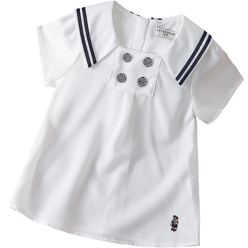 

New Design Kids Girls Summer Short Sleeve Sailor Collar Embroidered Organic Cotton Fabric Toddler Girls T-shirts