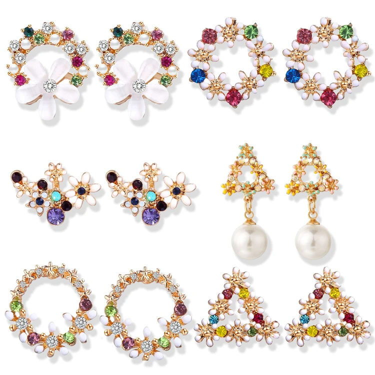 

Fashion Artificial Pearls Colourful Gold Plated Small Earrings Crystal Earrings Flower Vintage Jewelry Earrings
