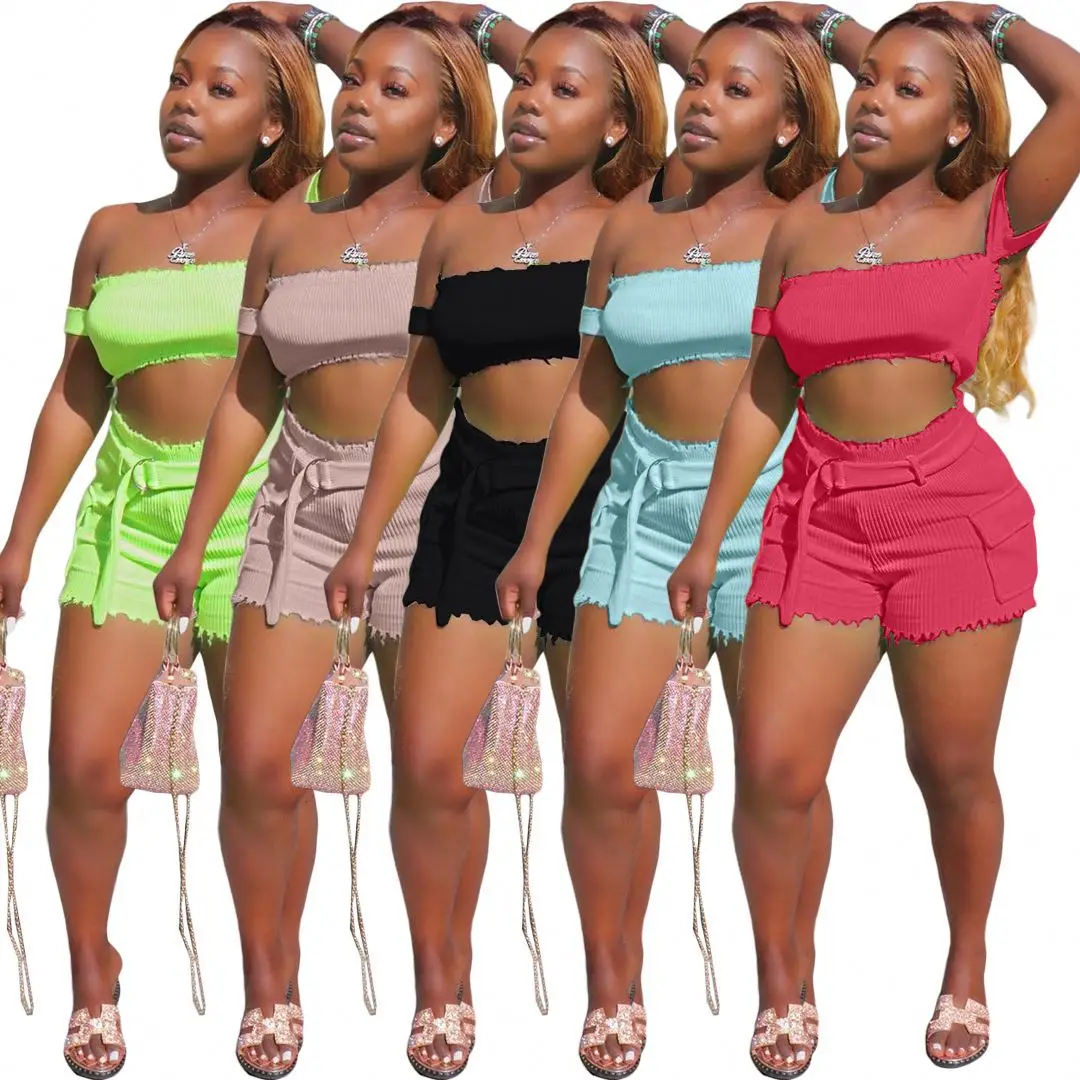 

2021 summer two piece set women's wear crop tops with shorts belt ladies clothes outfit clubwear, White, yellow, gray, green, black, pink, blue