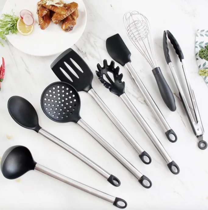 New Chinese style and durable stainless steel handle silicone kitchen utensils and 8 suit for silicone spatula spaghetti spoon