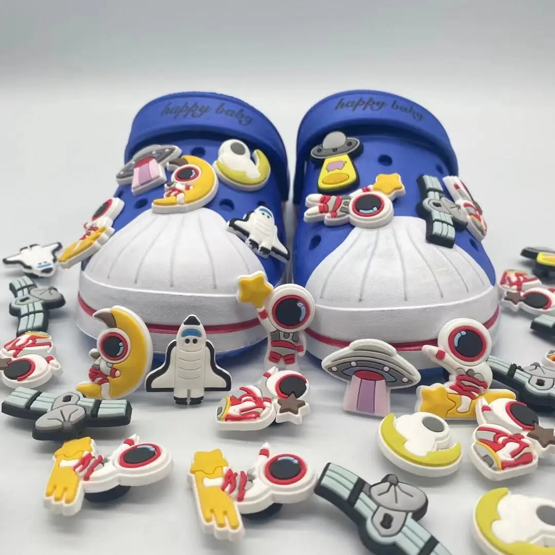 

Wholesale PVC cartoon astronauts clock charms Custom designer slippers for kids and bracelet charms spaceman for kids custom