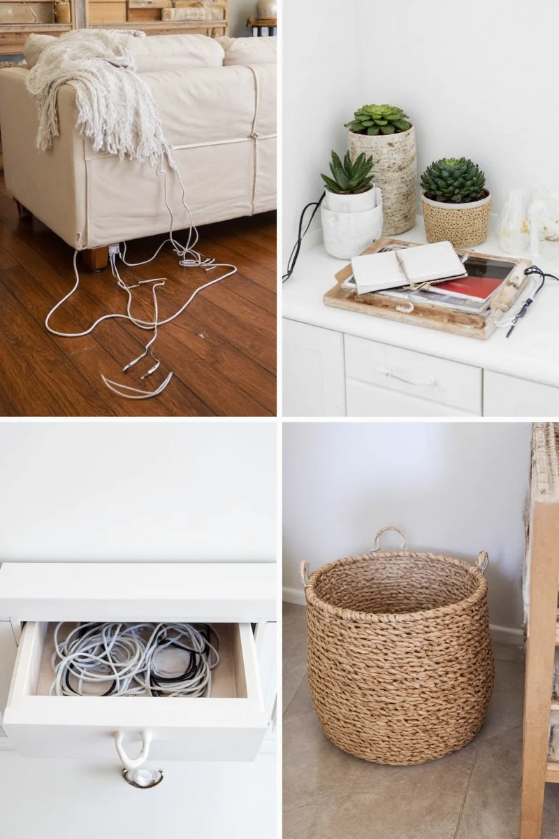 Brightly colored basket in a kid's room doubling as cord storage