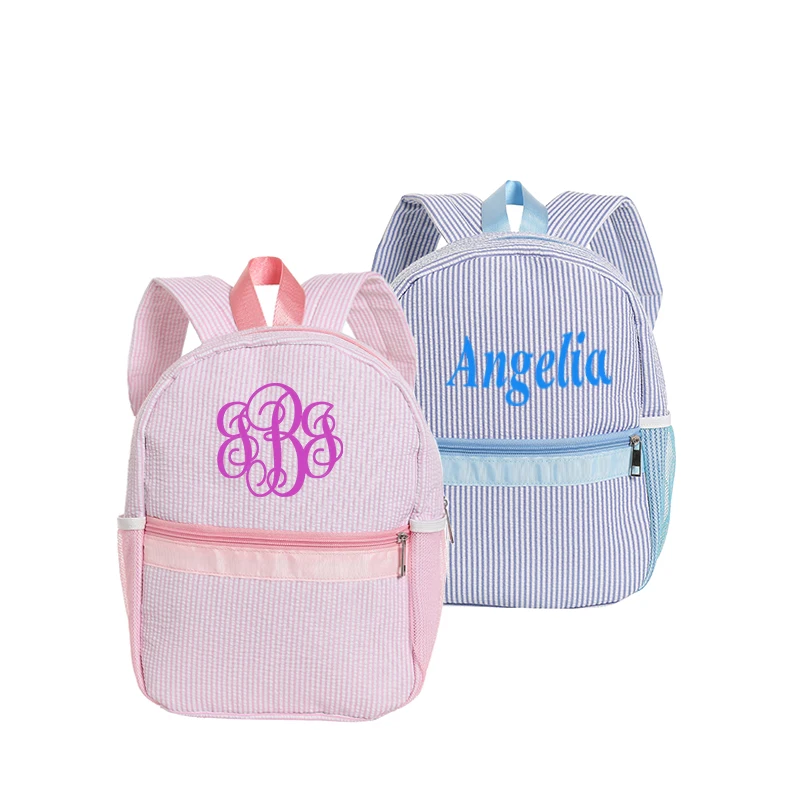 

Kids Backpack Zipper Small Pre-school Monogram Toddler Seersucker Backpack, Pink,navy,blue,purple