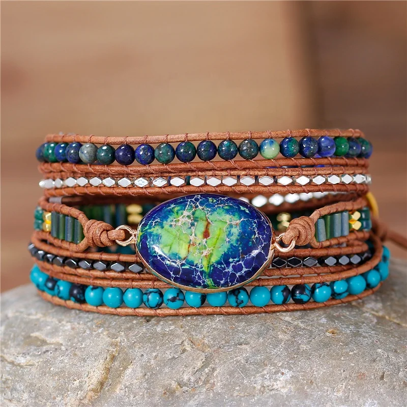 

NEW Boho Blue And Green Gemstone 5 Strands Leather Beads Wrap Bracelet Statement Stack Bead Bracelet Bohemian Jewelry wholesale