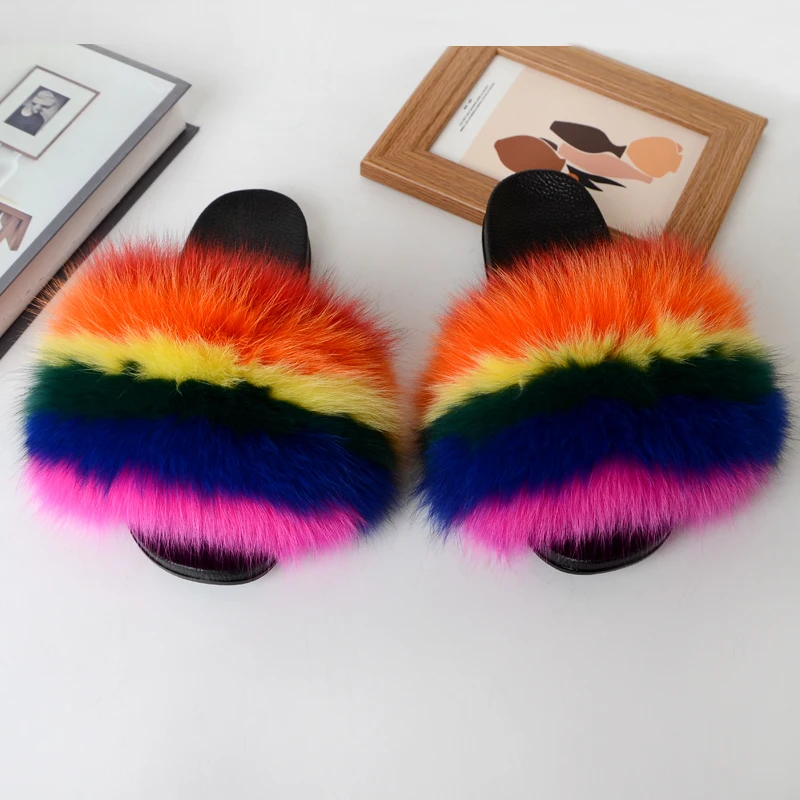 

Fashion Women Indoor/Outdoor Real Fox Fur Slippers rainbow fur slippers, Customized color