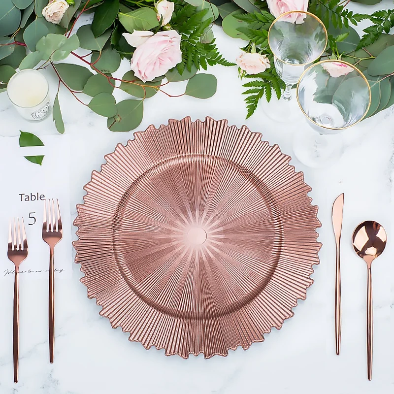 

13 inch table round plastic rose gold charger plates wedding decoration black silver clear glass beaded charger plate for dinner, Gold/rose gold/silver