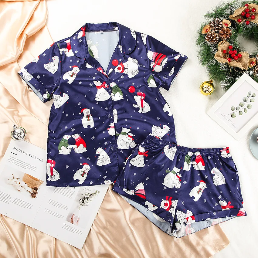 

Christmas gift set matching satin printed short sleeve women Christmas pajamas