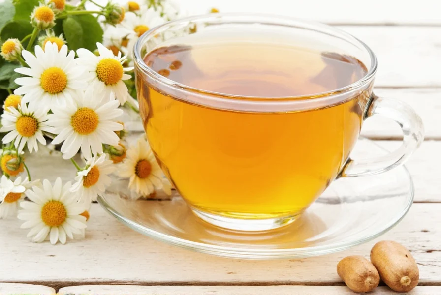 Properly brewed ginger chamomile tea in a ceramic cup with fresh ginger and chamomile flowers