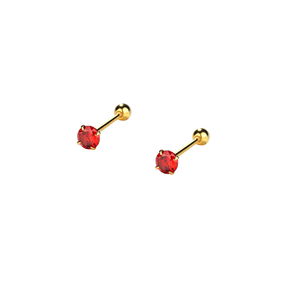 Minimalist Wholesale 925 Silver 18K Gold Plated Simple Red Colored Zircon Round Diamond Stud Earrings for Women