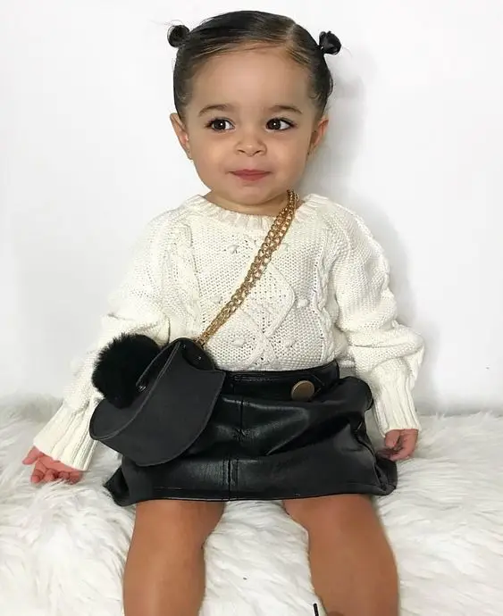 

Autumn Toddler Baby Girls Clothing Set Round Neck Twist Knit Pullover Loose Sweater Tops And Pu Skirt Outfit