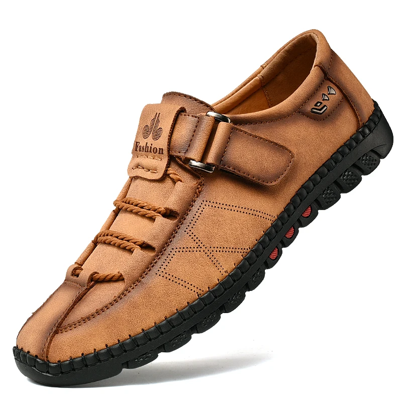 

Leather Men Casual Shoes Fashion Sneakers Handmade Mens Loafers Moccasins Breathable Slip on Boat Shoes Plus Size, Black brown khaki