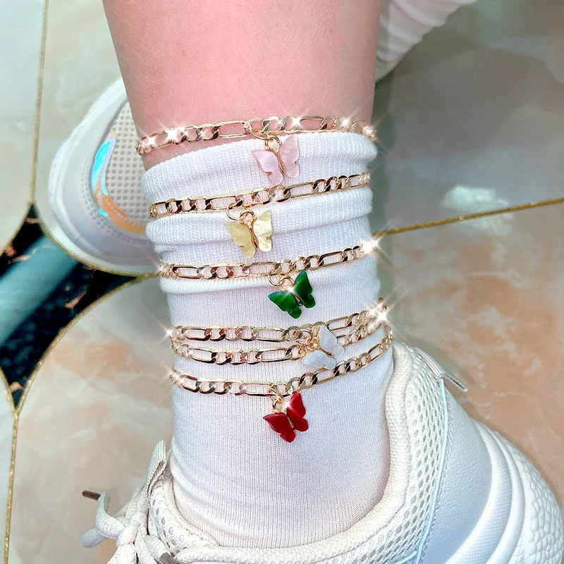 

2Pcs/Set Gold Color Women Fashion Foot Jewelry Copper Anklet Simple Beach Summer Butterfly Anklet