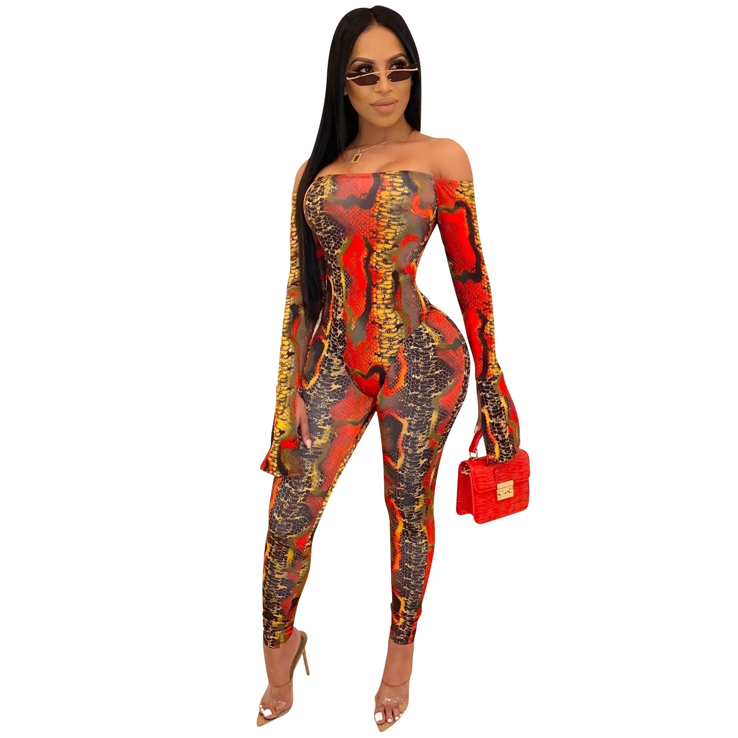 

RsCY1201 bodycon 2 piece set jumpsuits women sexy club party clothing one-shoulder long mandarin sleeve, Shown