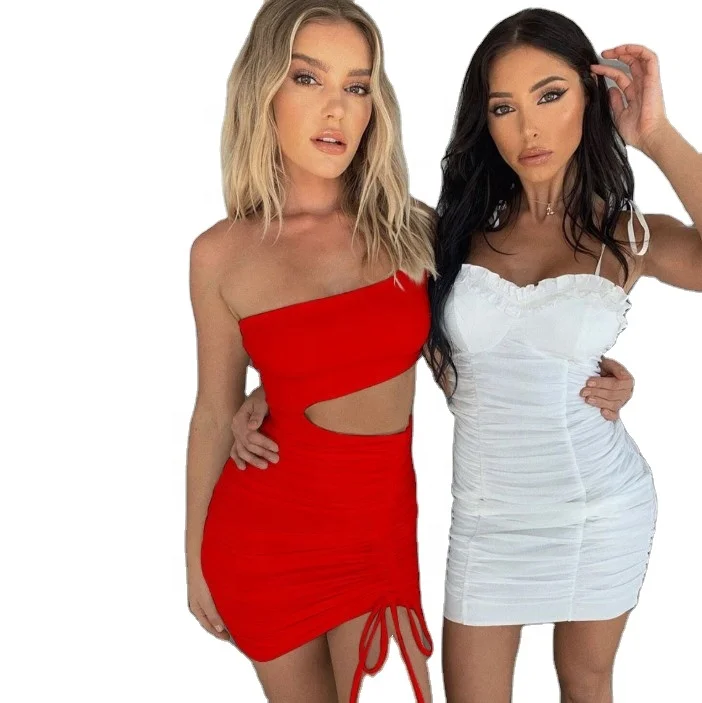 

club outfits for women sexy vestidos bandage dress casual dresses wear 2021 one shoulder wrap ruched cut out halter dress, As the picture