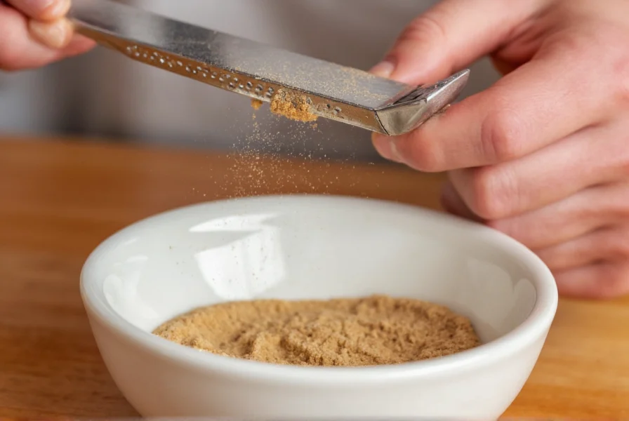 Close-up of hand using microplane to grate nutmeg over small white bowl, showing fine powder collecting