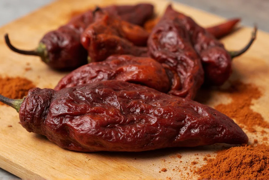 Close-up view of dried ancho peppers showing their wrinkled texture and deep mahogany color on a wooden cutting board with cooking spices