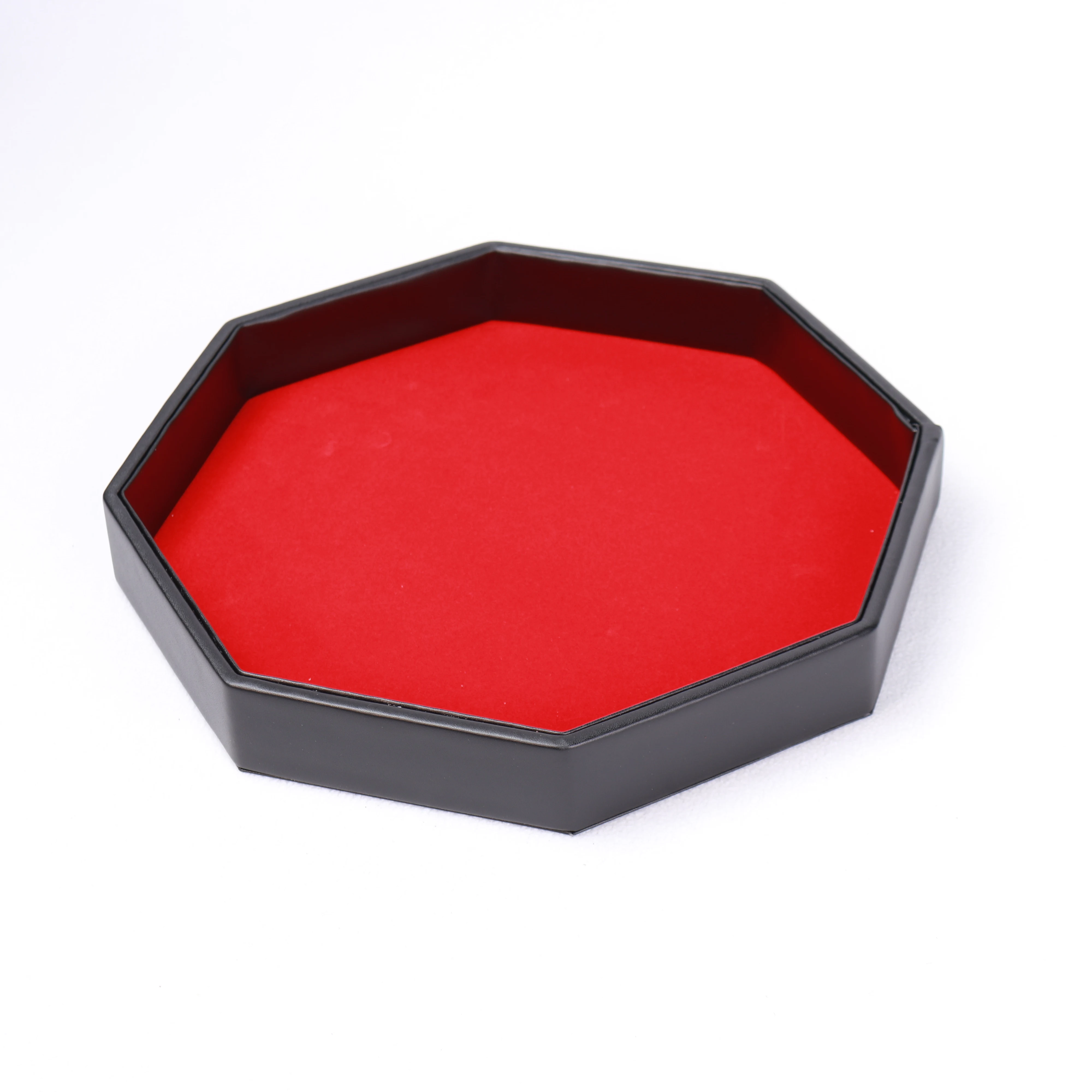 

Multifunctional Custom Logo Gambling Black Red Hexagon Organizer Games Storage Tray Leather Dice Tray