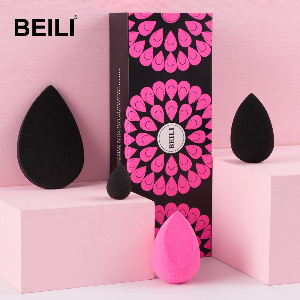 

BEILI Amazon Hot sale 4pcs high quality Red cosmetic sponge applicator water drop egg foundation blender makeup sponge with box, Black