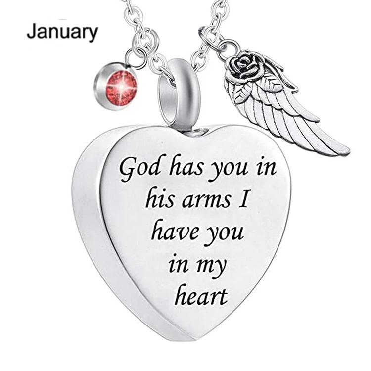 

God has You in his arms with Angel Wing Stainless Steel Cremation Necklace Heart Pendant Urn Necklace for Ashes, Picture