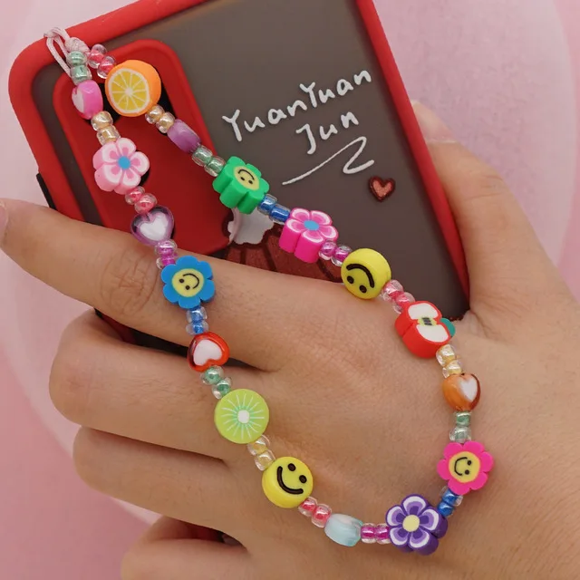 

PC1013 Popular Chic Rainbow Polymer Clay Flower Fruit Smiley Face Phone Chain String,Beaded Phone Lanyard