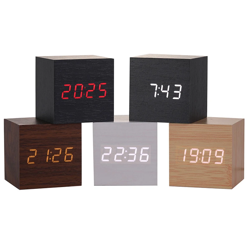 

Amazon Top Sellers Home Decor Cube Portable Wooden Digital Led Desk Alarm Clock With Usb And Battery Supply, Customized color