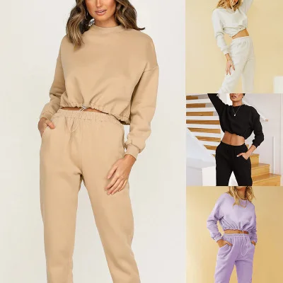 

Wholesale women crewneck long sleeve fleece sweather pants multi-colored jogger two piece set