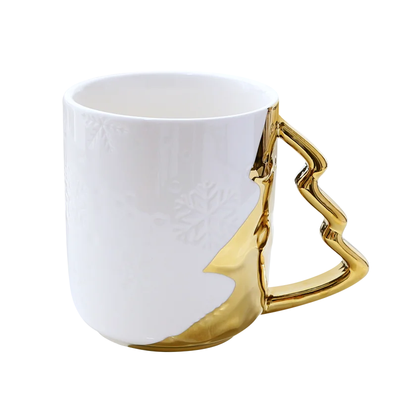 

MG02 Christmas Tree Design China Ceramic White Mug with Gold Plated Porcelain Coffee Mug Cup Wholesale