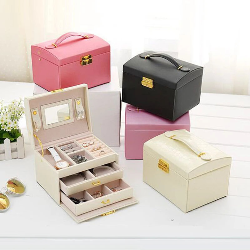 

High Quality PU Leather Three layer double drawer Jewelry Display Jewelry Storage Gift Box, As the picture shown