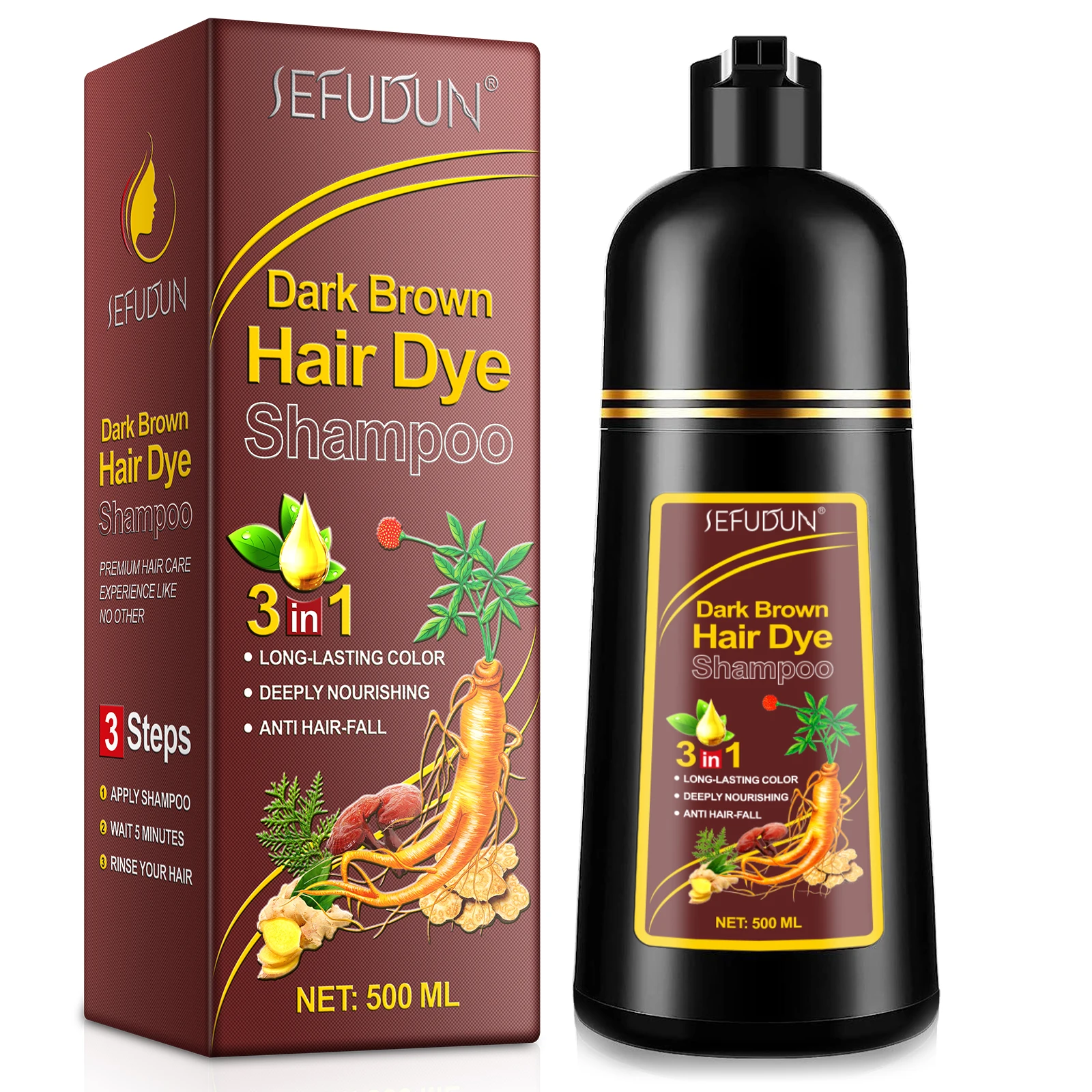 

SEFUDUN 3 in 1 100% Grey Coverage Dark Brown Hair Dye Shampoo Coloring Instant Hair Color Shampoo for Gray Hair