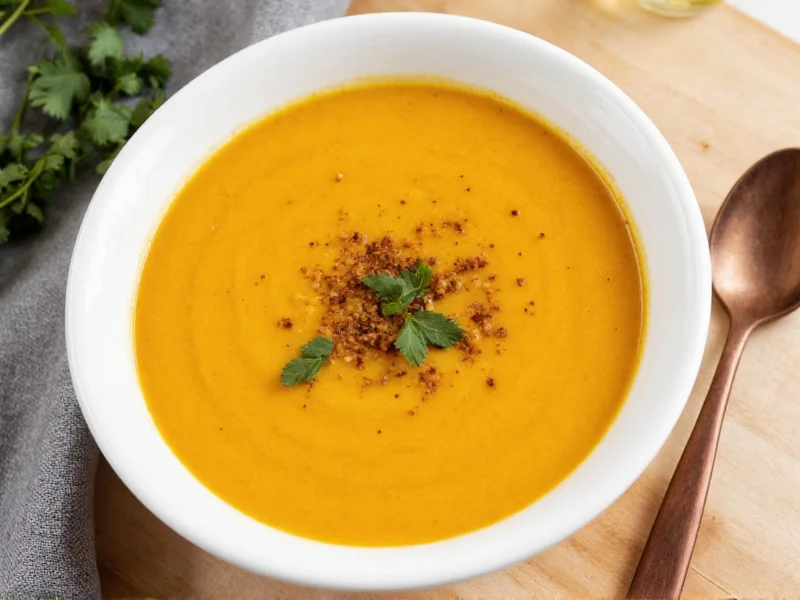 Finished honeynut squash soup in bowl with pumpkin seed garnish