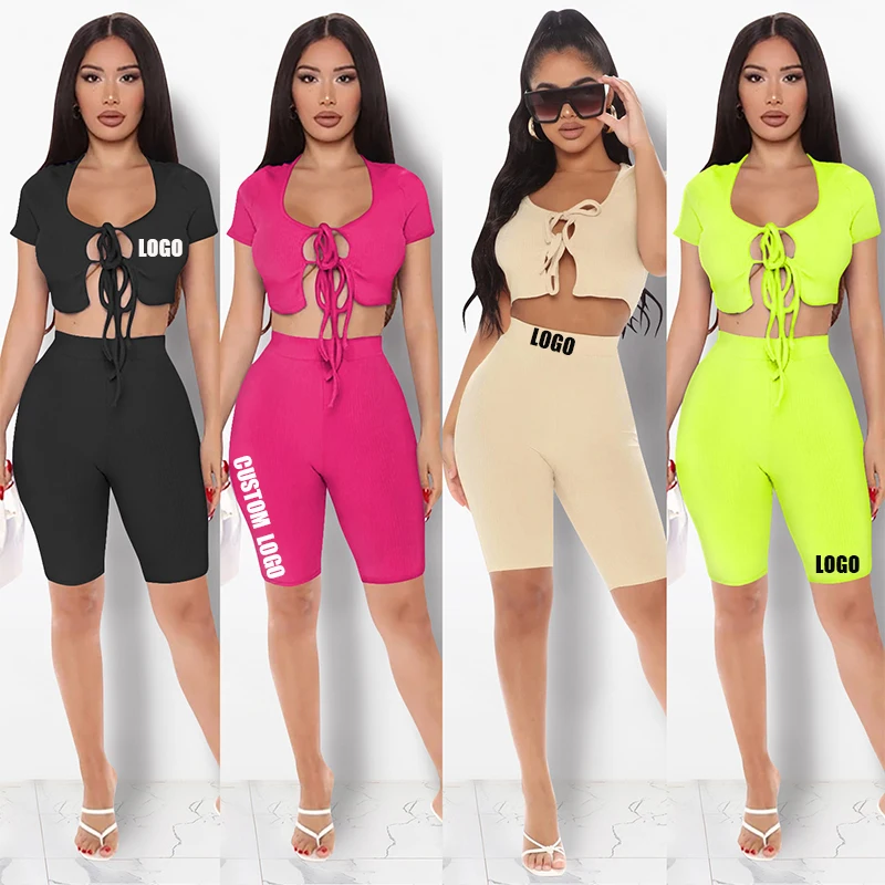 

Free Shipping women clothes Drop shipping Casual 2 piece pants set ladies short pants sets for women sweats front tied crop top, Color avaliable
