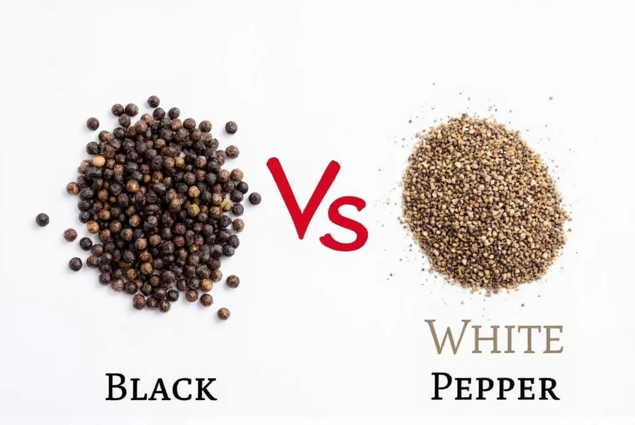 Close-up comparison of black peppercorns and white peppercorns side by side on wooden cutting board