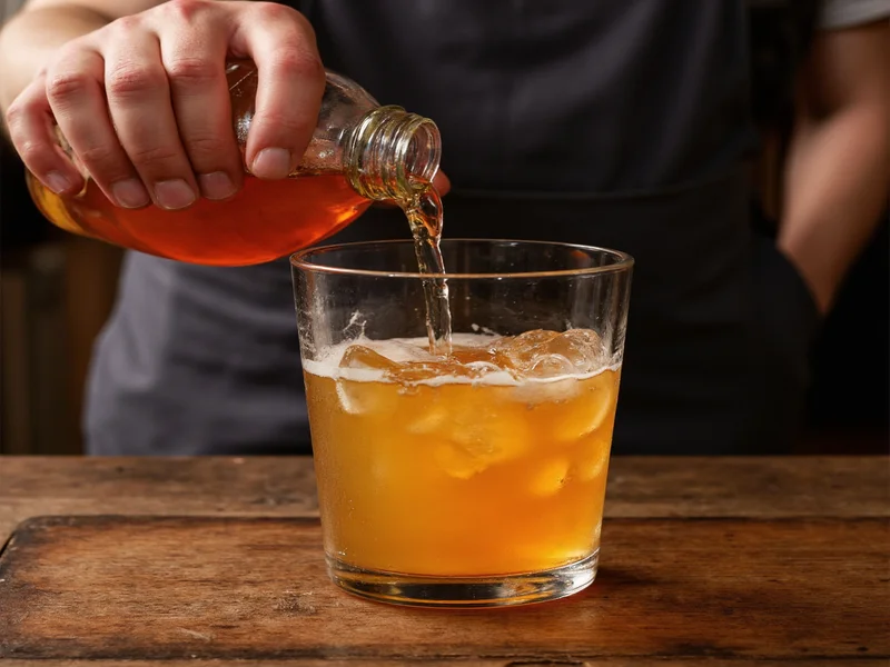 Hand pouring golden mead into artisanal glassware